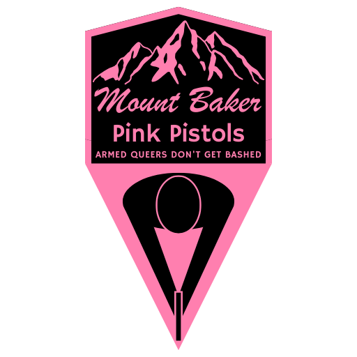 A badge-shaped logo for "Mount Baker Pink Pistols" in pink and black. It features a stylized mountain at the top, bold cursive text, and the slogan "ARMED QUEERS DON'T GET BASHED." The lower portion includes a depiction of an individual from a bird's-eye perspective holding a handgun.